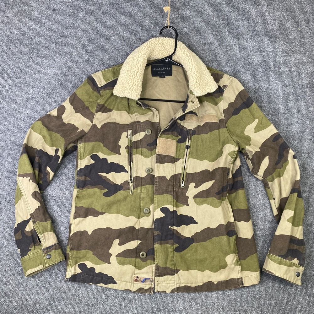 AllSaints Riley Jacket Mens Medium Camo Shearling Collar Cotton Field MJ025K